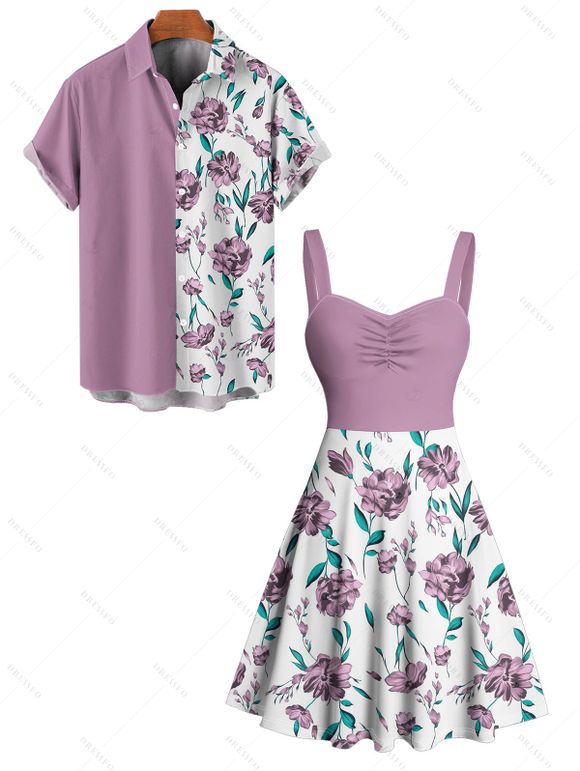 Vacation Couple Outfit Colorblock Floral Leaf Pattern Ruched Bust Sweetheart Neck A Line Mini Dress and Button Up Shirt Matching Outfit - Violet clair S | US 4