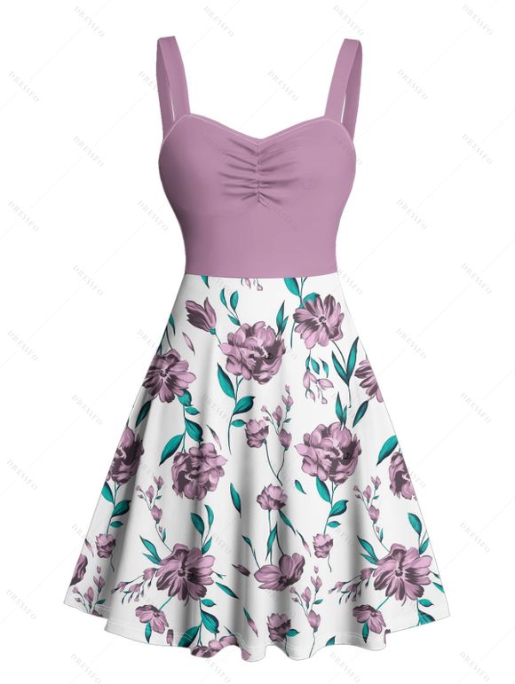 Vacation Couple Outfit Colorblock Floral Leaf Pattern Ruched Bust Sweetheart Neck A Line Mini Dress and Button Up Shirt Matching Outfit - Violet clair S | US 4