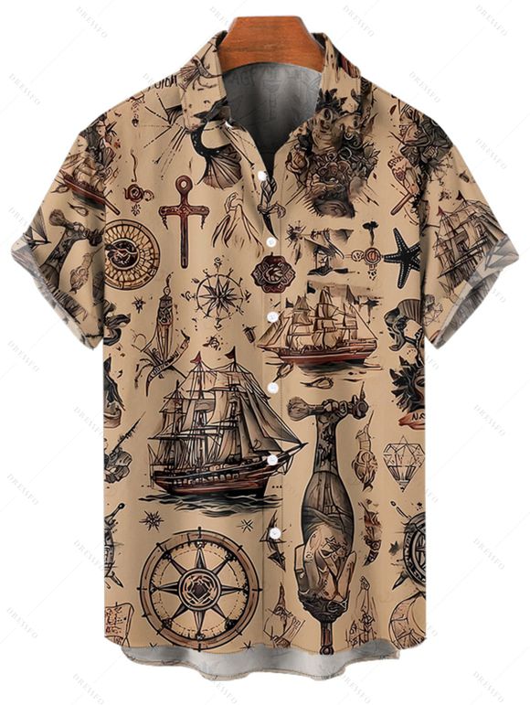 Chemise de vacances à manches courtes et boutons pour homme, motif ancre de bateau et éléments océaniques, style vintage - café 5XL