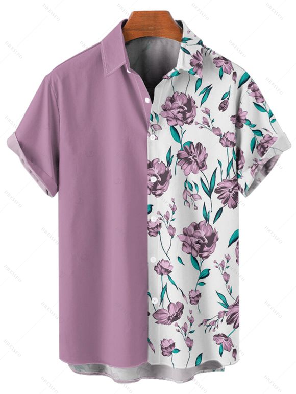 Vacation Couple Outfit Colorblock Floral Leaf Pattern Ruched Bust Sweetheart Neck A Line Mini Dress and Button Up Shirt Matching Outfit - Violet clair S | US 4