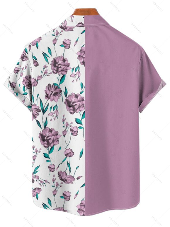 Vacation Couple Outfit Colorblock Floral Leaf Pattern Ruched Bust Sweetheart Neck A Line Mini Dress and Button Up Shirt Matching Outfit - Violet clair S | US 4