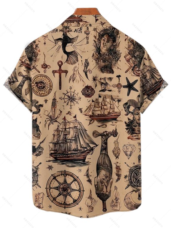 Chemise de vacances à manches courtes et boutons pour homme, motif ancre de bateau et éléments océaniques, style vintage - café 4XL