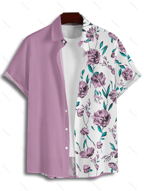 Vacation Couple Outfit Colorblock Floral Leaf Pattern Ruched Bust Sweetheart Neck A Line Mini Dress and Button Up Shirt Matching Outfit - Violet clair S | US 4