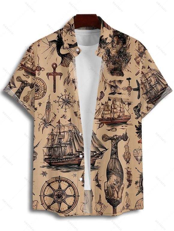 Chemise de vacances à manches courtes et boutons pour homme, motif ancre de bateau et éléments océaniques, style vintage - café 4XL