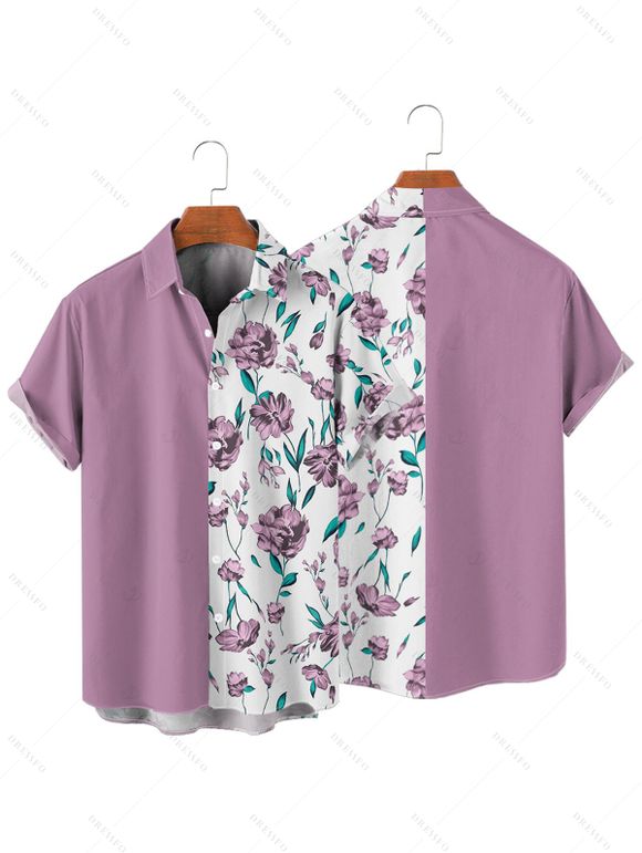 Vacation Couple Outfit Colorblock Floral Leaf Pattern Ruched Bust Sweetheart Neck A Line Mini Dress and Button Up Shirt Matching Outfit - Violet clair S | US 4
