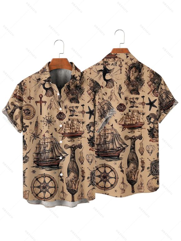 Chemise de vacances à manches courtes et boutons pour homme, motif ancre de bateau et éléments océaniques, style vintage - café 4XL