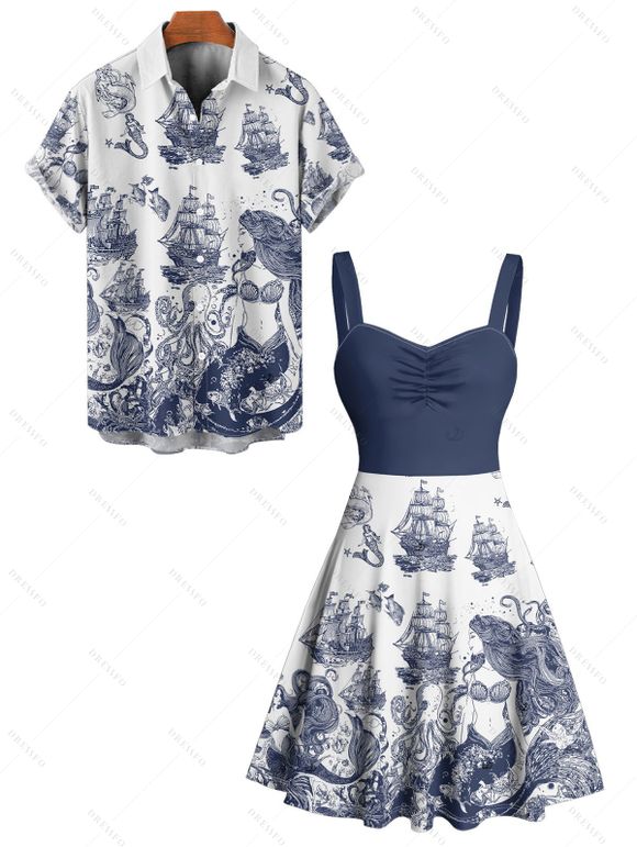 Vacation Couple Outfit Marine Life Mermaid Ship Octopus Wave Pattern Ruched Bust Dress and Button Up Shirt Beach Matching Outfit - Bleu profond S | US 4