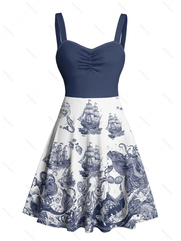 Vacation Couple Outfit Marine Life Mermaid Ship Octopus Wave Pattern Ruched Bust Dress and Button Up Shirt Beach Matching Outfit - Bleu profond S | US 4