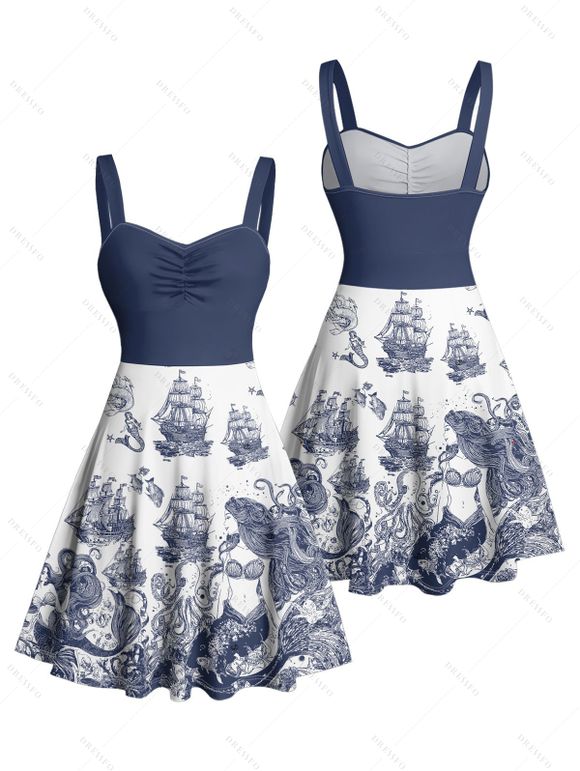 Vacation Couple Outfit Marine Life Mermaid Ship Octopus Wave Pattern Ruched Bust Dress and Button Up Shirt Beach Matching Outfit - Bleu profond S | US 4