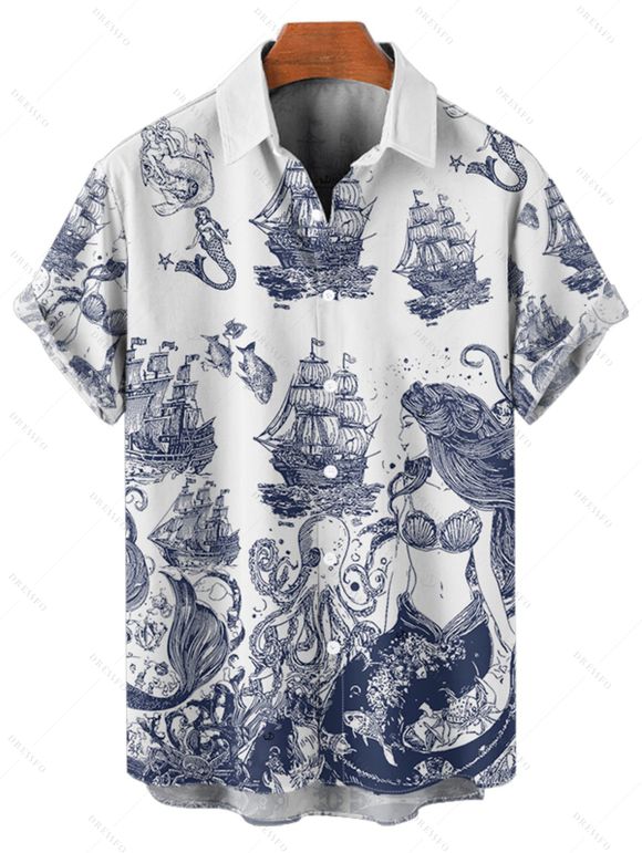 Vacation Couple Outfit Marine Life Mermaid Ship Octopus Wave Pattern Ruched Bust Dress and Button Up Shirt Beach Matching Outfit - Bleu profond S | US 4