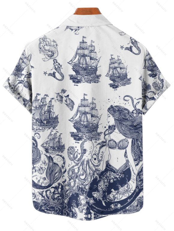 Vacation Couple Outfit Marine Life Mermaid Ship Octopus Wave Pattern Ruched Bust Dress and Button Up Shirt Beach Matching Outfit - Bleu profond S | US 4
