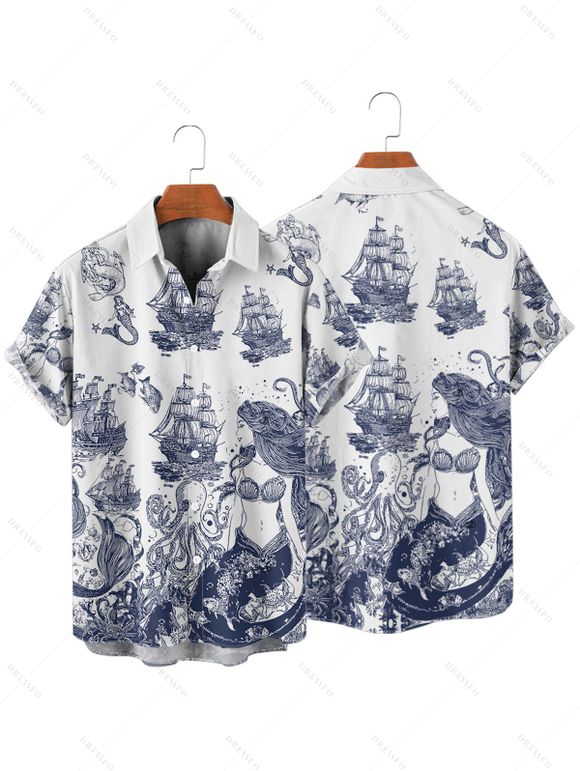 Vacation Couple Outfit Marine Life Mermaid Ship Octopus Wave Pattern Ruched Bust Dress and Button Up Shirt Beach Matching Outfit - Bleu profond S | US 4