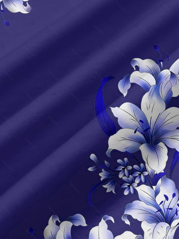 Robe de vacances décontractée à bretelles spaghetti et motif floral et feuilles de lys - Bleu profond XL | US 12