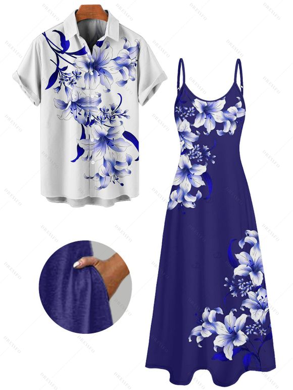 Vacation Couple Outfit Lily Floral Leaf Pattern Pocket Spaghetti Strap A Line Long Tank Dress and Button Up Shirt Casual Matching Outfit - Bleu profond S | US 4