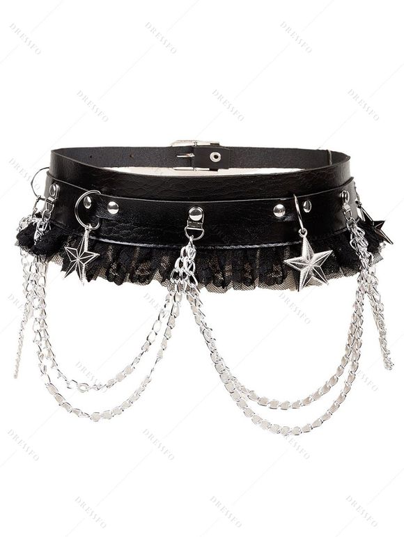 Ceinture gothique à rivets et dentelle unie, avec boucle et chaîne étoilée, style punk - Noir 