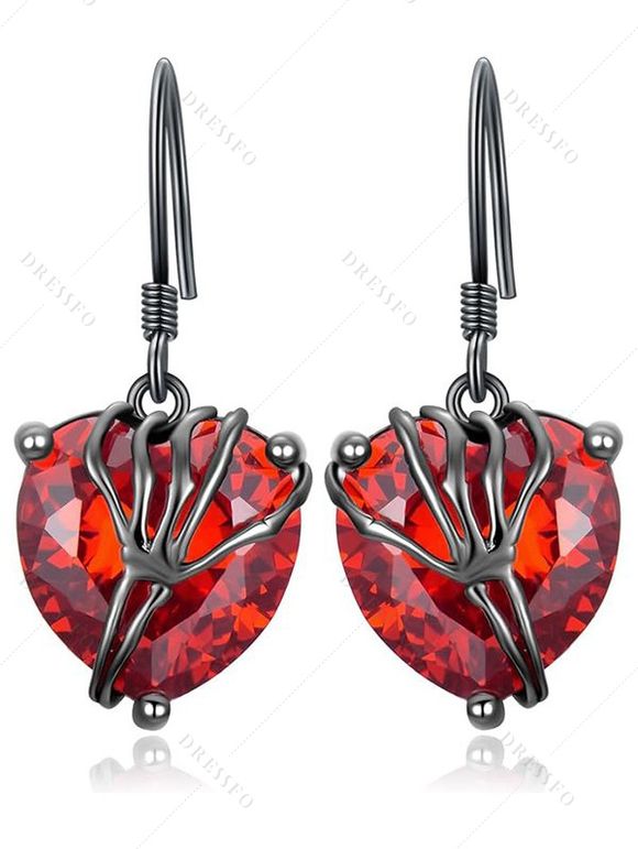 Boucles d'oreilles pendantes gothiques en forme de cœur avec pierres précieuses et squelette, accessoires de vacances pour femmes - Noir 