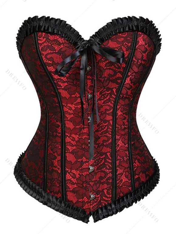 Flower Lace Panel Ruffle Lace Up Bowknot Vintage Corset Colorblock Sweetheart Neck Bodysuit - DEEP RED S | US 4