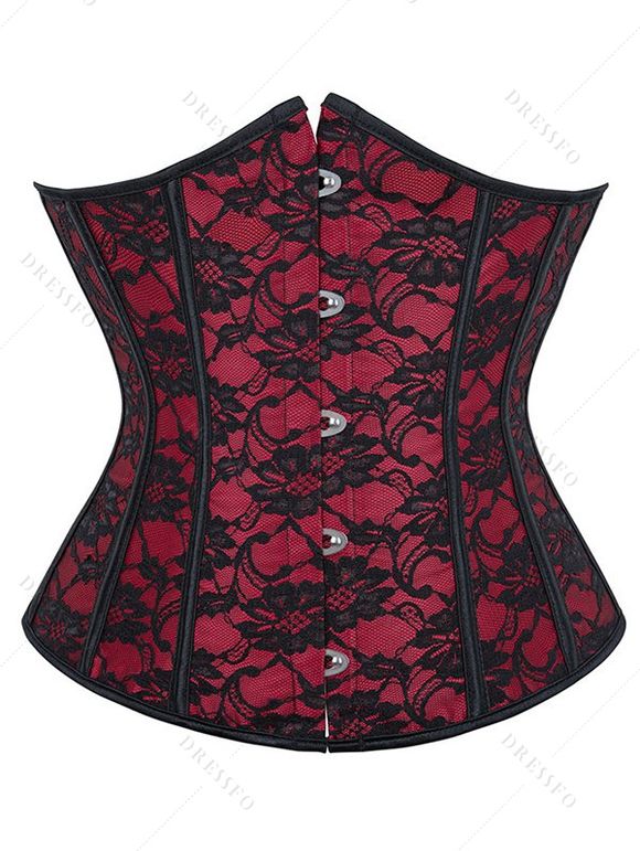 Body corset gothique à lacets avec empiècement en dentelle fleurie et blocs de couleur - Rouge foncé XL | US 10