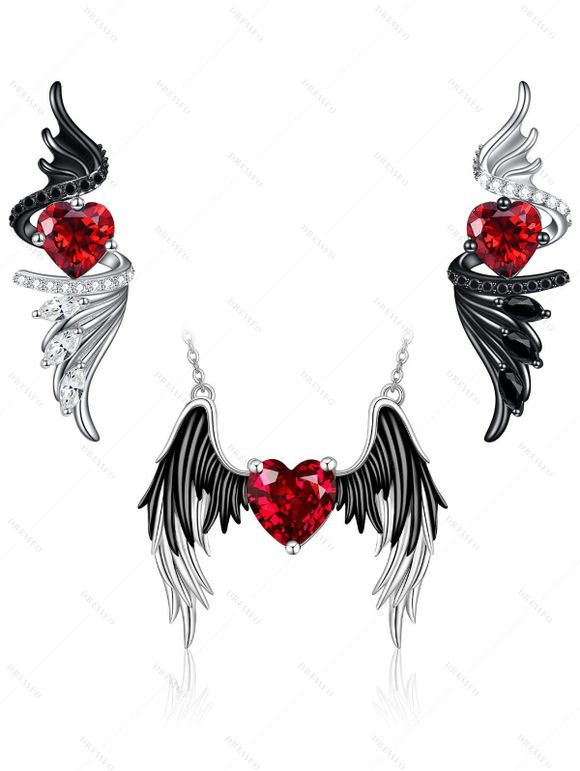 Ensemble collier et boucles d'oreilles gothiques en forme de cœur artificiel avec strass et ailes, accessoires de vacances pour femmes - Noir 
