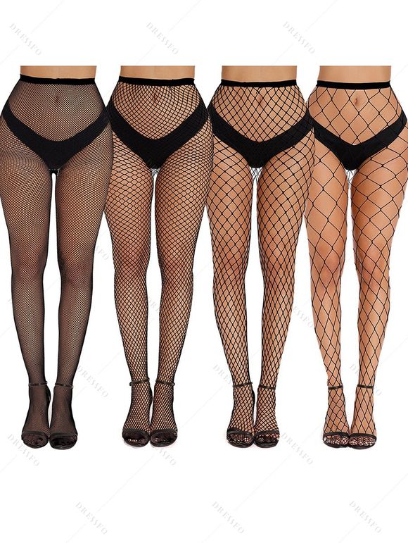 Lot de 4 bas résille transparents ajourés taille haute - Noir 