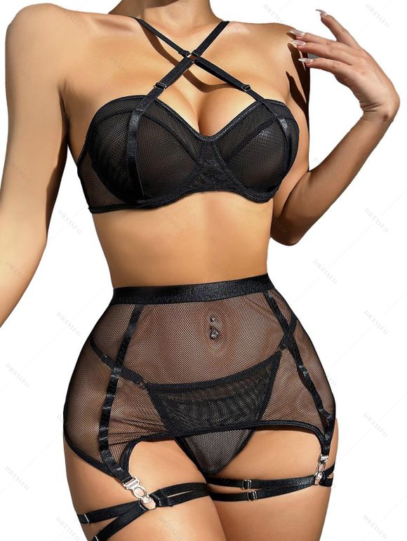 Ensemble de lingerie 4 pièces, couleur unie, maille transparente, push-up, string croisé, lingerie à lacets - Noir XL | US 10