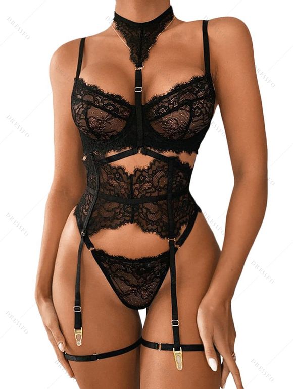 Ensemble de lingerie 3 pièces, couleur unie, empiècement en dentelle, transparent, ajouré, soutien-gorge à armatures, string - Noir XXL | US 12