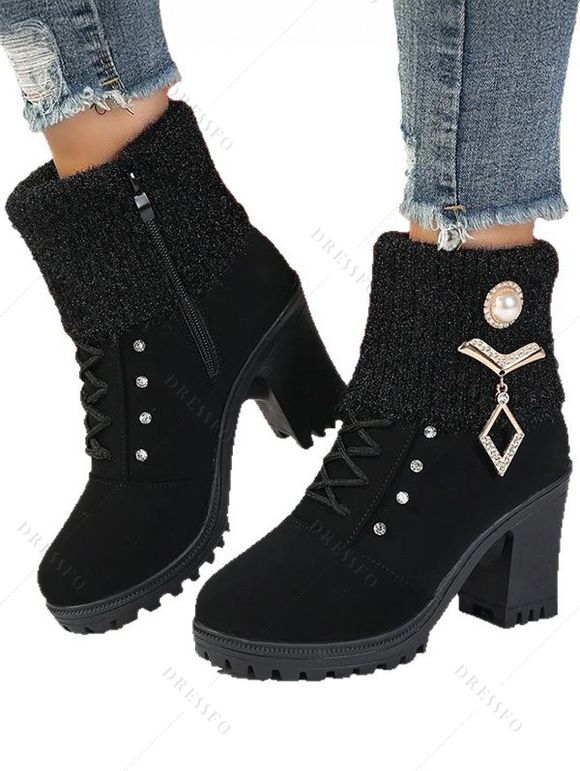 Knitted Faux Pearl Rhinestone Geometric Embellishment Boots Lace Up Side Zipper Chunky Heels Outdoor Boots - Noir EU 41