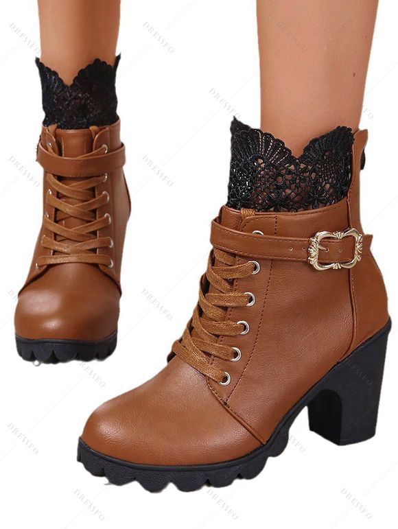 Lace Panel Buckle Strap Lace Up Boots Back Zipper Chunky Heels Outdoor Boots - café EU 42