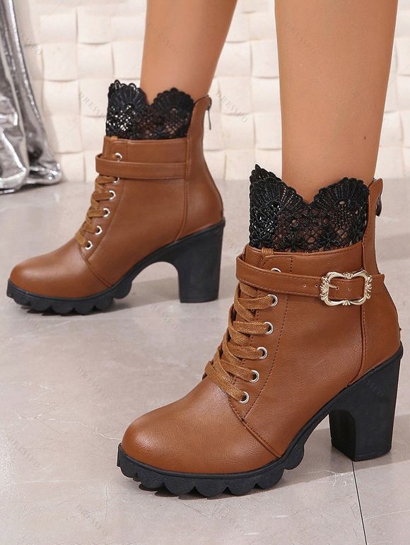 Lace Panel Buckle Strap Lace Up Boots Back Zipper Chunky Heels Outdoor Boots - café EU 37