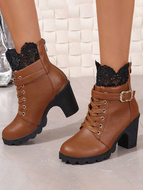 Lace Panel Buckle Strap Lace Up Boots Back Zipper Chunky Heels Outdoor Boots - café EU 37