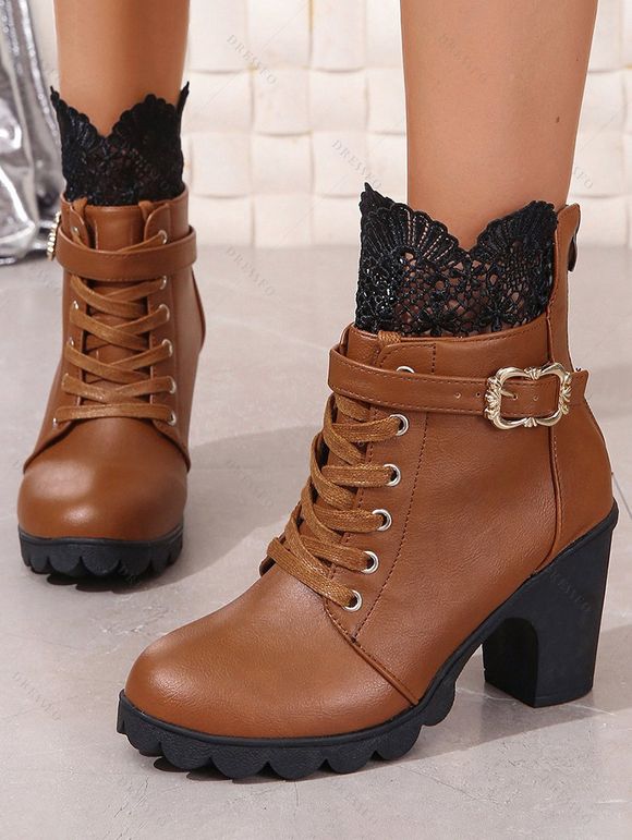Lace Panel Buckle Strap Lace Up Boots Back Zipper Chunky Heels Outdoor Boots - café EU 37