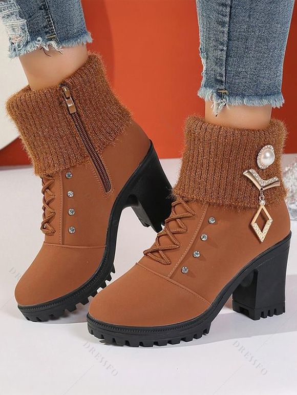 Knitted Faux Pearl Rhinestone Geometric Embellishment Boots Lace Up Side Zipper Chunky Heels Outdoor Boots - café EU 41