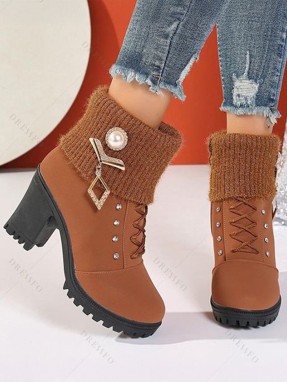 Knitted Faux Pearl Rhinestone Geometric Embellishment Boots Lace Up Side Zipper Chunky Heels Outdoor Boots - café EU 37