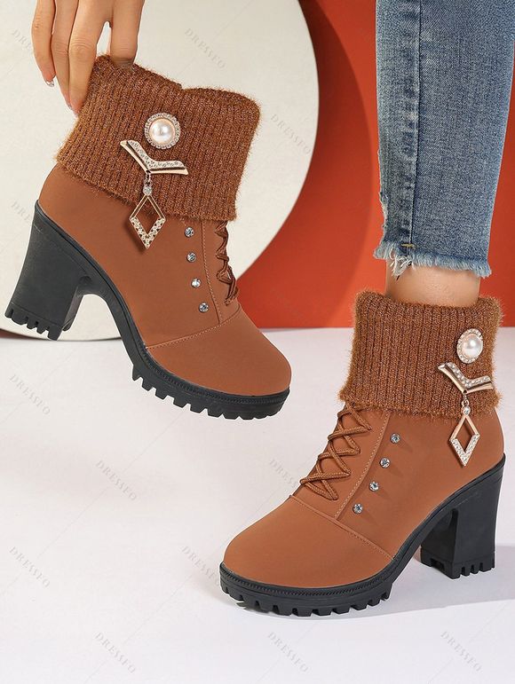 Knitted Faux Pearl Rhinestone Geometric Embellishment Boots Lace Up Side Zipper Chunky Heels Outdoor Boots - café EU 37