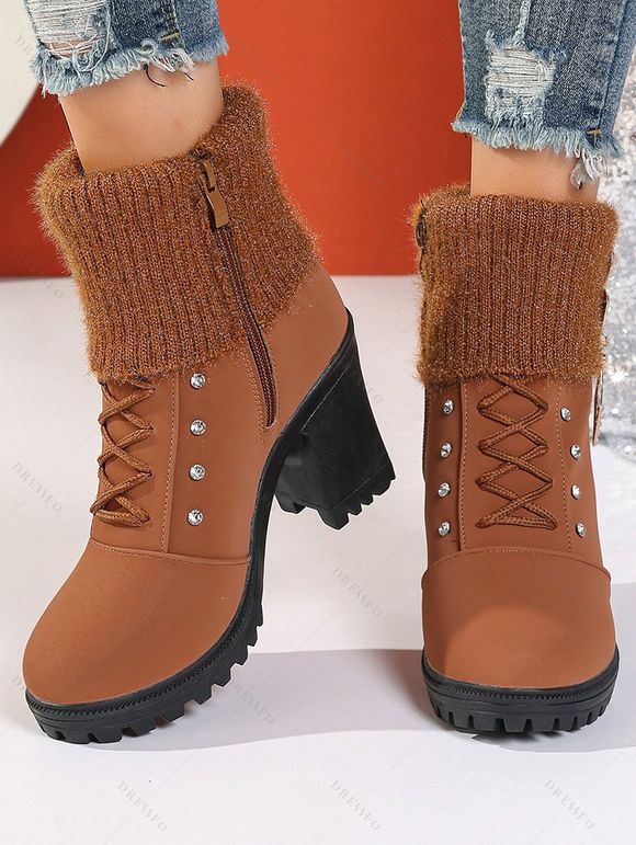 Knitted Faux Pearl Rhinestone Geometric Embellishment Boots Lace Up Side Zipper Chunky Heels Outdoor Boots - café EU 37