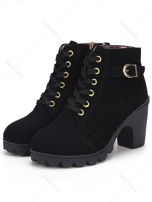 Solid Color Lace Up Buckle Strap Boots Chunky Heels Side Zipper Martin Boots - Noir EU 42