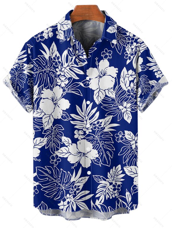 Chemise de vacances pour homme à motif de fleurs d'hibiscus et de feuilles, boutonnée et retroussée, décontractée, à manches courtes - Bleu 5XL