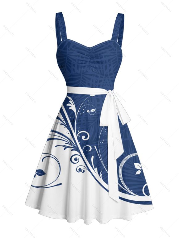 Robe courte ceinturée à imprimé feuilles colorblock, sans manches, buste froncé, robe de vacances - Bleu XXXXXL | US 20