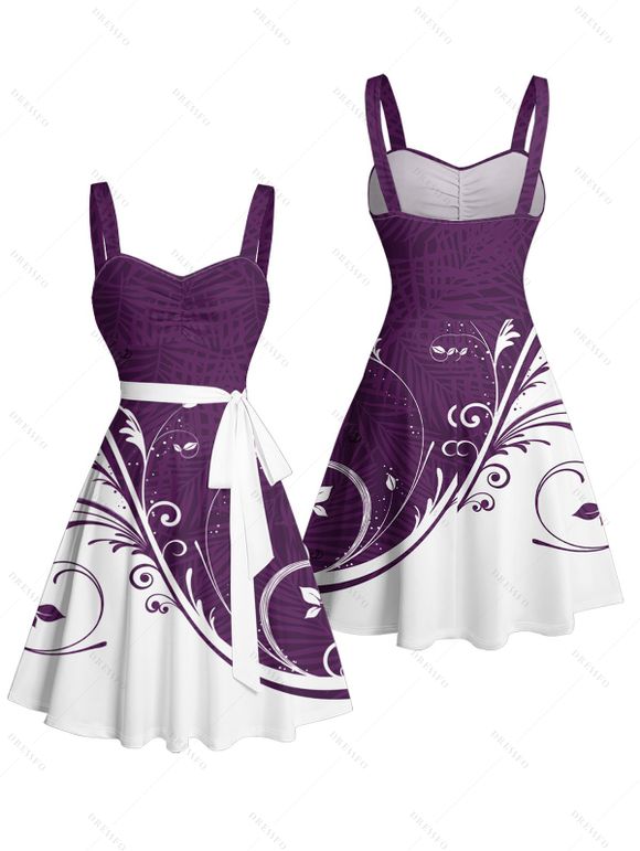 Robe courte ceinturée à imprimé feuilles colorblock, sans manches, buste froncé, robe de vacances - Concorde XXL | US 14