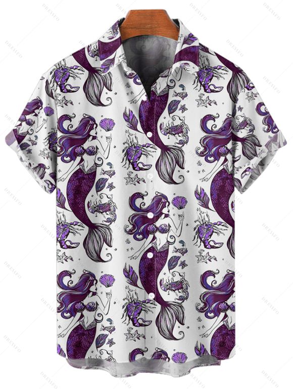 Chemise de vacances pour homme à motif sirène, coquillage, vie marine, boutonnée, retroussée, manches courtes, pour la plage - Concorde 5XL