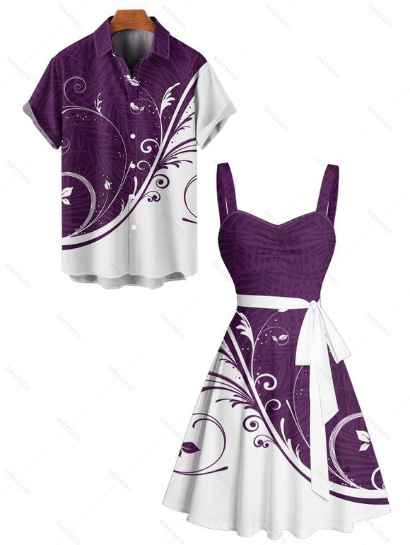 Colorblock Leaf Print Ruched Bust Mini Belted Dress And Short Sleeve Vacation Shirt Matching Outfit - Concorde S | US 4
