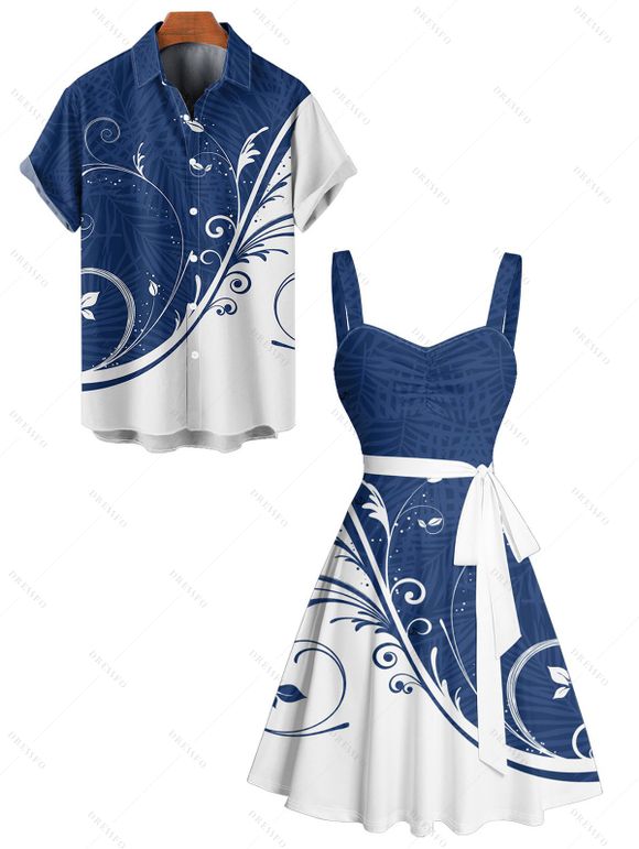 Colorblock Leaf Print Ruched Bust Mini Belted Dress And Short Sleeve Vacation Shirt Matching Outfit - Bleu S | US 4