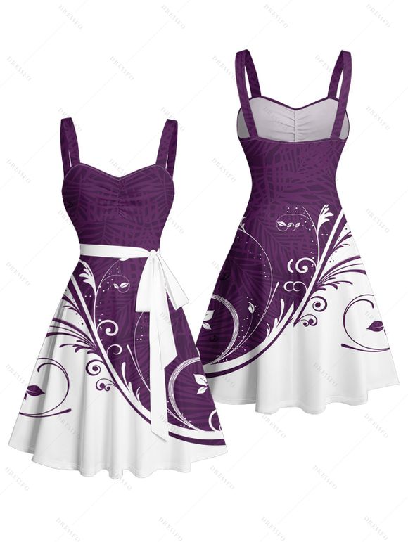 Colorblock Leaf Print Ruched Bust Mini Belted Dress And Short Sleeve Vacation Shirt Matching Outfit - Concorde S | US 4