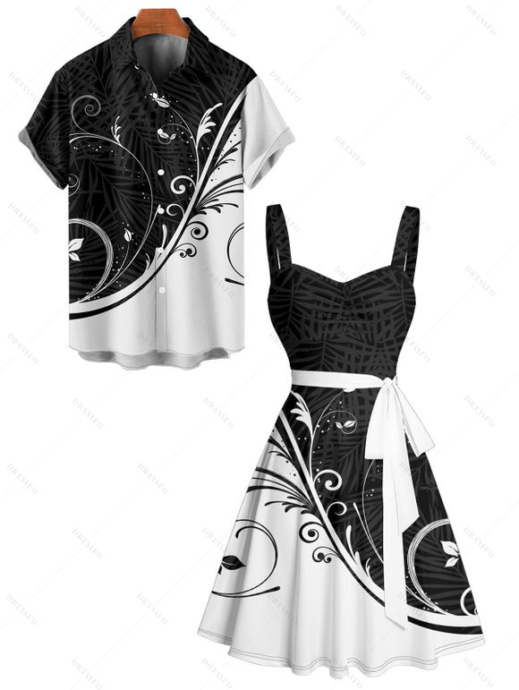 Colorblock Leaf Print Ruched Bust Mini Belted Dress And Short Sleeve Vacation Shirt Matching Outfit - Noir S | US 4