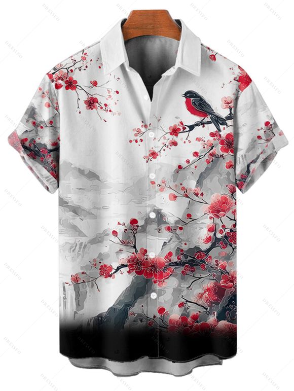 Chemise de vacances à manches courtes et boutons pour homme, décontractée, avec motif de fleurs de pêcher, d'oiseaux et de montagnes - Noir 5XL