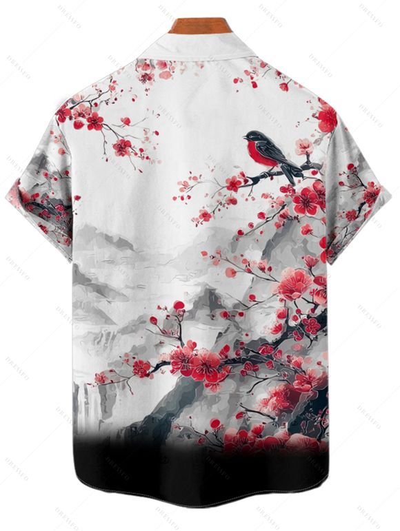 Chemise de vacances à manches courtes et boutons pour homme, décontractée, avec motif de fleurs de pêcher, d'oiseaux et de montagnes - Noir L