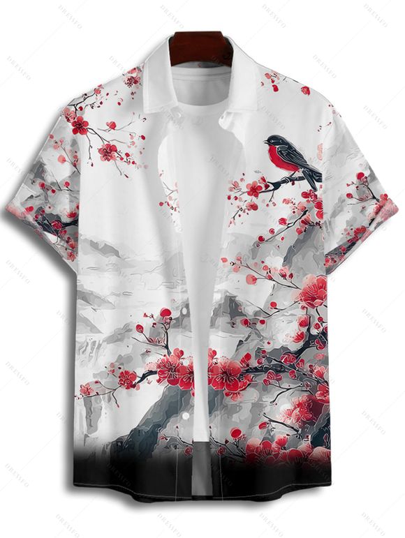 Chemise de vacances à manches courtes et boutons pour homme, décontractée, avec motif de fleurs de pêcher, d'oiseaux et de montagnes - Noir L
