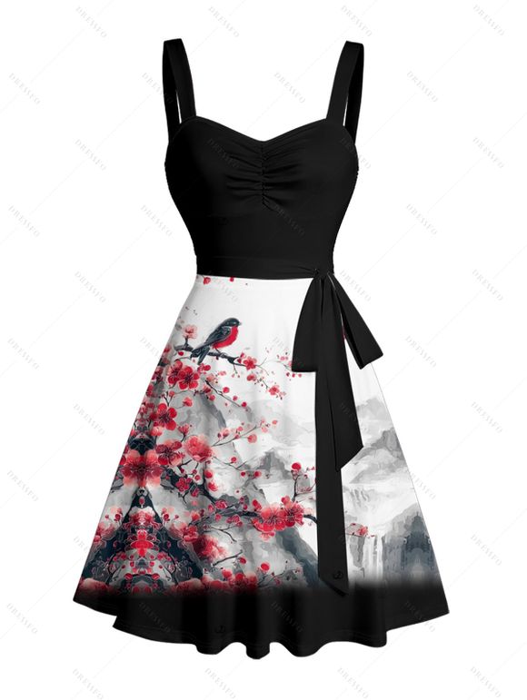 Robe de vacances à imprimé floral de pêcher, motif oiseau et montagne, buste froncé, ceinture, décolleté en cœur, coupe trapèze, mini, décontractée - Noir XXXXXL | US 20