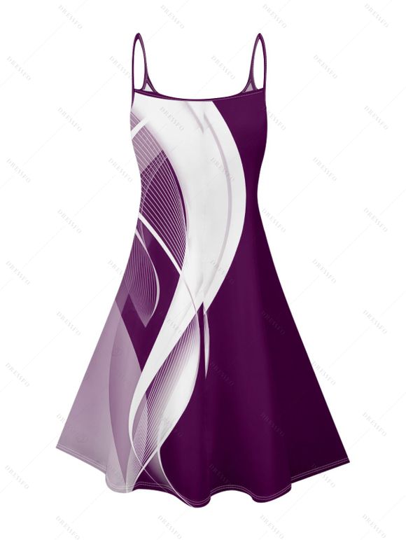 Robe d'été sans manches à imprimé lignes abstraites, col en V, taille haute, bretelles spaghetti, coupe trapèze - Concorde XXXXXL | US 20
