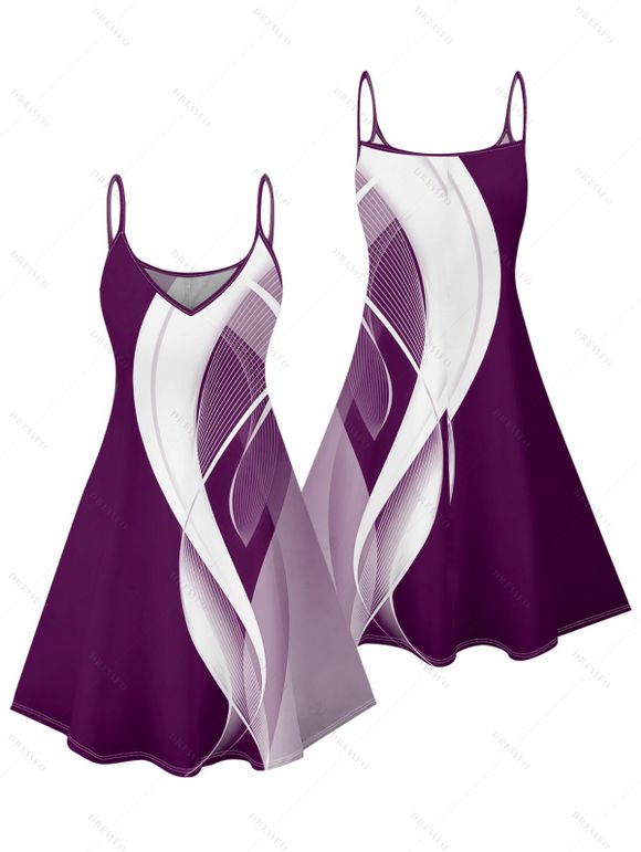 Robe d'été sans manches à imprimé lignes abstraites, col en V, taille haute, bretelles spaghetti, coupe trapèze - Concorde XXXXXL | US 20